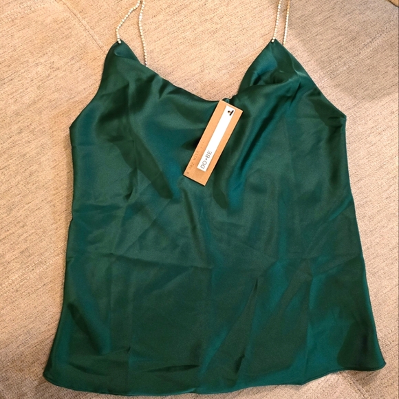 Do+Be Cowl Neck with Rhinestone Straps, Satin Emerald Green Top Sz Small - Picture 4 of 6